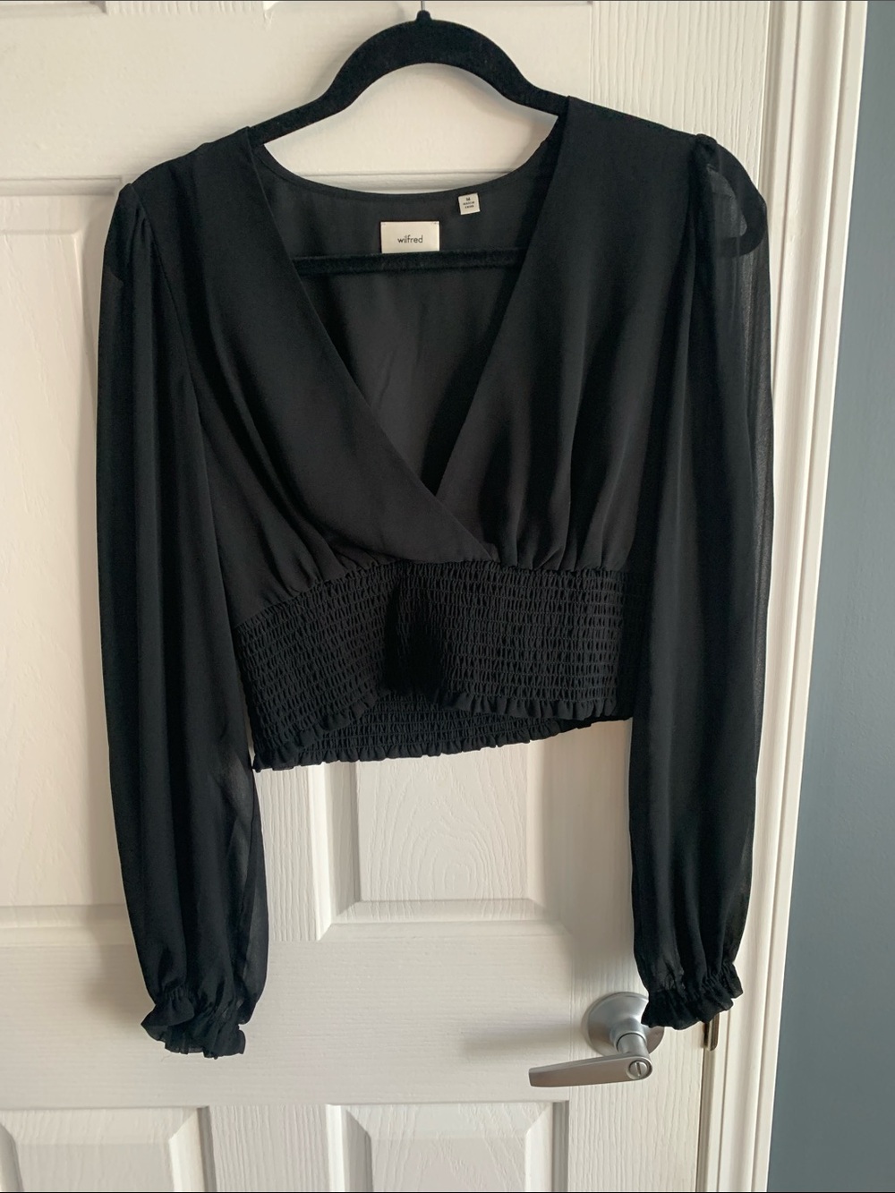 Wilfred Black Smocked-Waist Sheer-Sleeve Crop Blouse